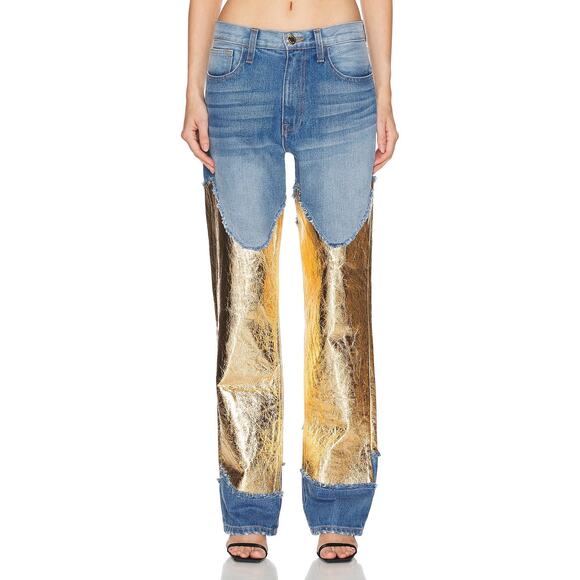 BRANDON MAXWELL The Cortlandt Denim Pant W/ Metallic Leather Combo Size 29 New - Picture 1 of 14